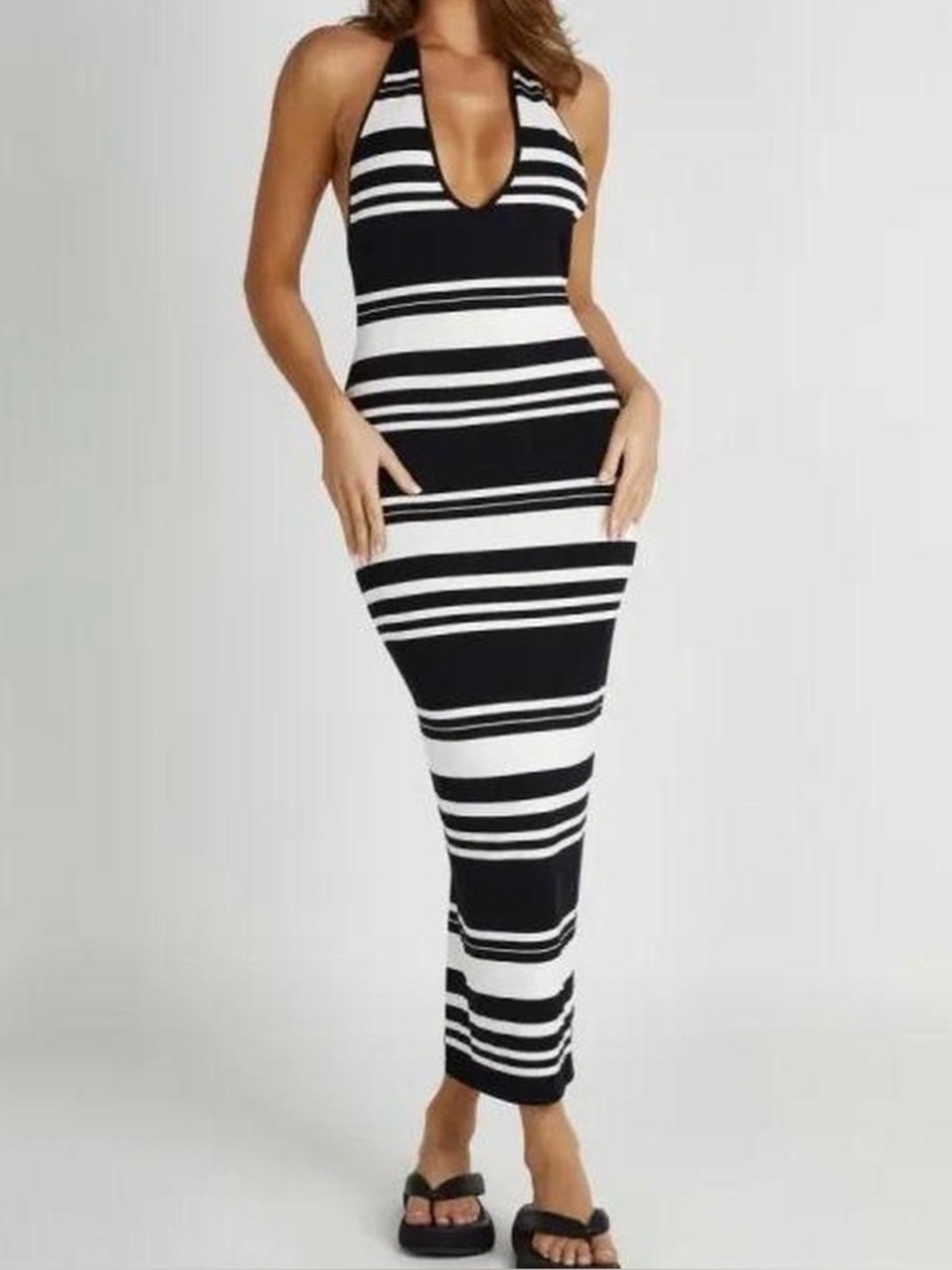 Meshki Black & White Striped V-Neck Bodycon Dress with halter string neck